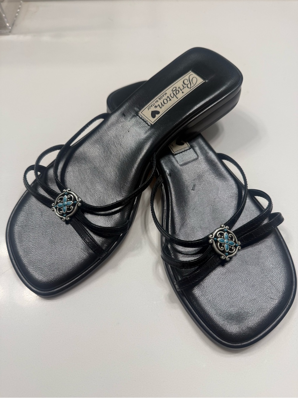 Brighton Black Slide Sandals with Turquoise Accent Medallions